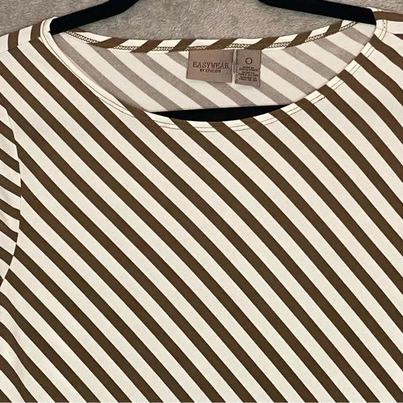CHICOS 0 S Small Top Shirt Brown Striped 3/4 Sleeve Round Neck Stretch Casual - Picture 3 of 5